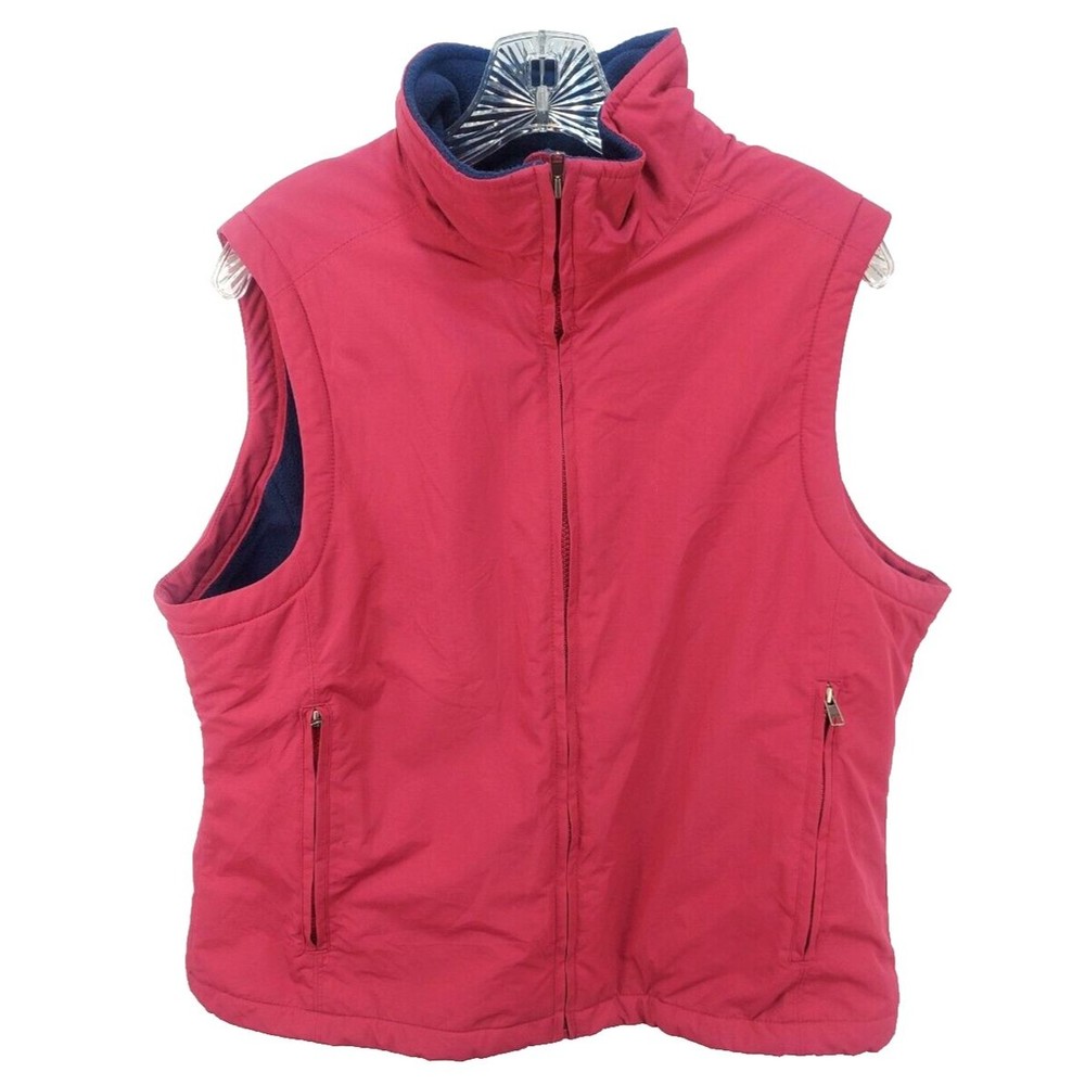 LL Bean Vest Fleece Lined Womens L Reg Nylon Polyester Pink Navy Blue 0WY09